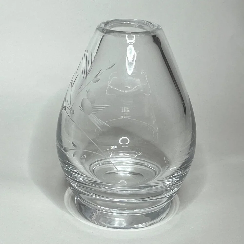 Vintage Kosta Sweden Etched Glass Vase w/ Singing Bird